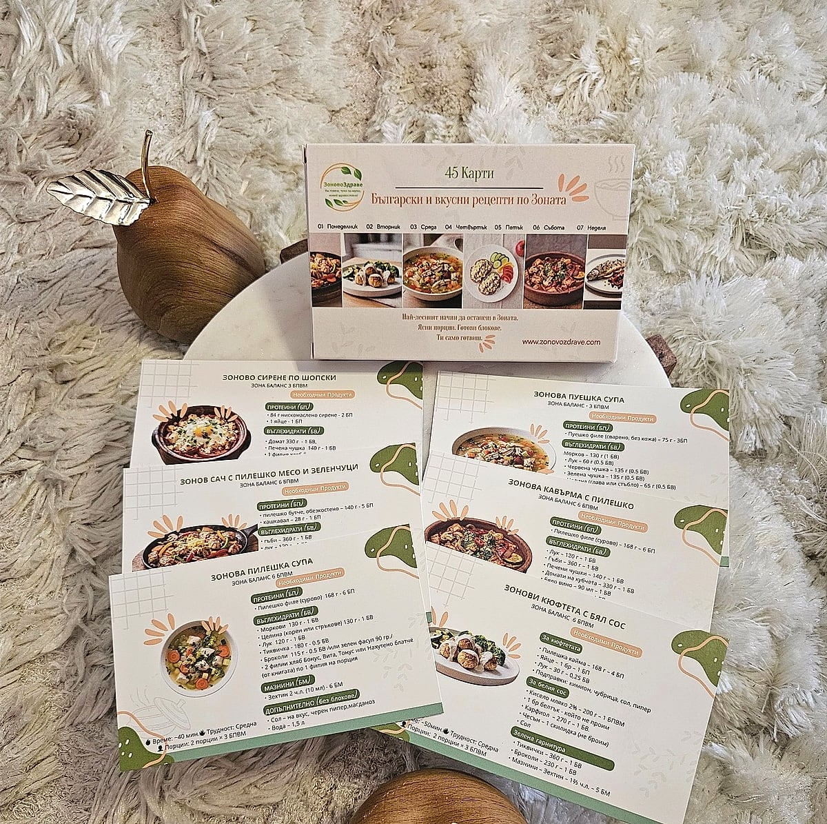 Кутията с 45 карти и шест от рецептите — с продуктите, грамажите и блоковете на всеки ред